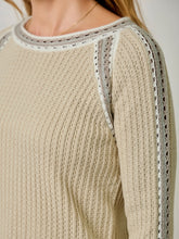 Load image into Gallery viewer, Womens almond cream knit sweater with crochet trim detail and striped cuffs paired with floral green pants - 7
