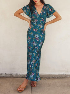 Vintage Roses Maxi Dress - Teal