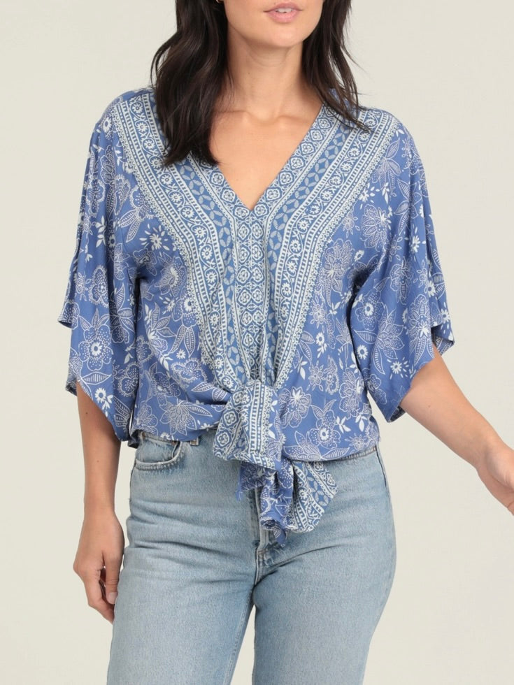 Kimono Sleeve Tie Front Top - Blue