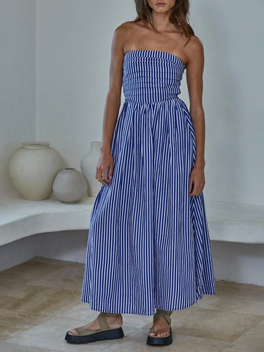 blue and white striped strapless maxi dress Harri Strapless Midi Dress in Stripe By DISSH main image 1