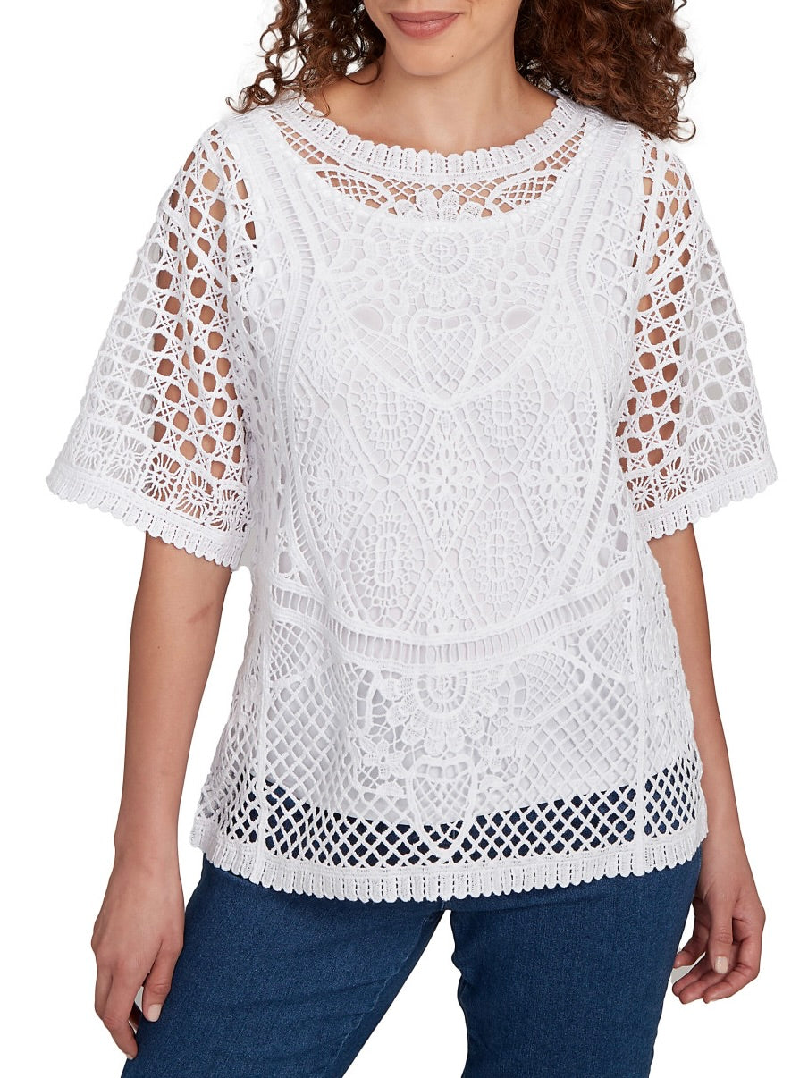 Lace Short Sleeve Top - White