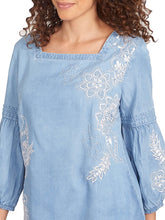 Load image into Gallery viewer, Embroidered Square Neck Denim Top - Medium Blue

