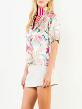 Load image into Gallery viewer, Womens floral satin blouse pink off white with striped band collar puff sleeves paired with mini skirt - 2
