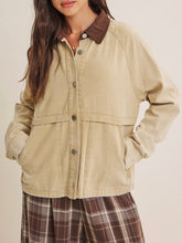Load image into Gallery viewer, Womens beige twill field jacket with brown corduroy collar, snap buttons, and front pockets styled with plaid skirt - 1
