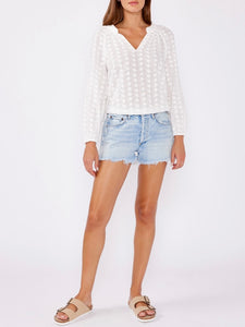 Long Sleeve Eyelet Cinch Top - White