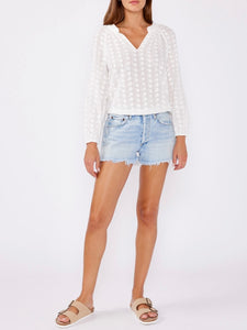 Long Sleeve Eyelet Cinch Top - White