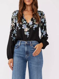 Floral Smock Neck Top - Black