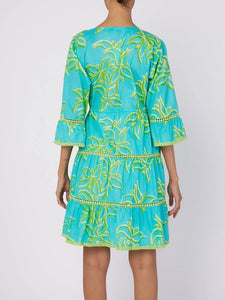 Tiered Drawstring Dress - Aqua/Lime