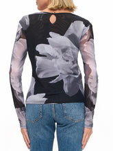 Load image into Gallery viewer, Women's long sleeve mesh floral top in blue and brown with ruched sides and scoop neckline - 4
