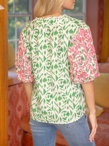 Floral Embroidered Sleeve Top - Green/Pink