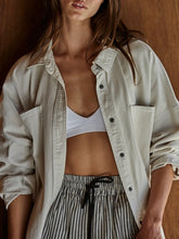 Load image into Gallery viewer, Oversized oyster twill jacket worn open over white bralette and striped drawstring pants, relaxed casual style - 1
