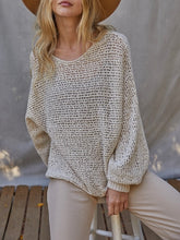 Load image into Gallery viewer, Woman wearing natural beige open knit boat neck sweater with wide brim hat and cream ribbed pants - 1
