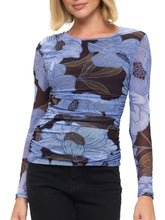 Load image into Gallery viewer, Women's long sleeve mesh floral top in blue and brown with ruched sides and scoop neckline - 1
