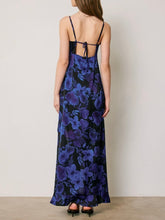 Load image into Gallery viewer, Daphne high-low maxi dress in blue and black floral print with ruffle detail and spaghetti straps - 4
