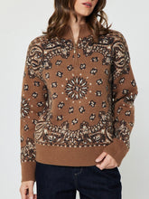 Load image into Gallery viewer, Caramel bandana jacquard knit half-zip pullover sweater with paisley pattern and gold zipper detail - 1
