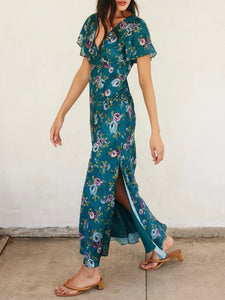 Vintage Roses Maxi Dress - Teal