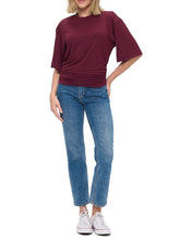 Load image into Gallery viewer, Woman wearing oversized wine burgundy ruched waist tee with half sleeves paired with blue jeans - 3

