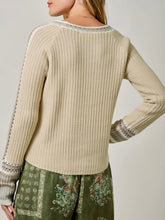 Load image into Gallery viewer, Womens almond cream knit sweater with crochet trim detail and striped cuffs paired with floral green pants - 4
