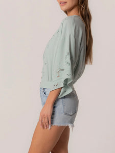 3/4 Sleeve Open Embroidery Top - Seafoam