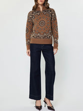Load image into Gallery viewer, Caramel bandana jacquard knit half-zip pullover sweater with paisley pattern and gold zipper detail - 3
