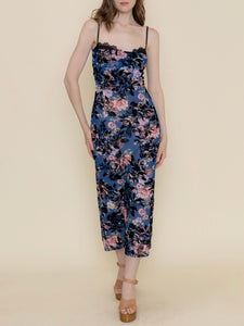 Floral Flocked Midi Dress - Blue