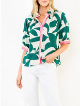 Load image into Gallery viewer, Silky Geo Top in green and white tropical leaf print with pink contrast trim, button-front, 3/4 sleeves - 6
