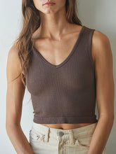 Load image into Gallery viewer, Reversible ribbed crop tank top in coffee brown with V-neck, paired with cream jeans - 1
