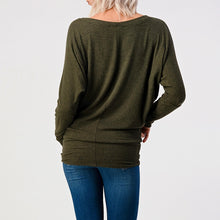 Load image into Gallery viewer, Women's olive brushed dolman long sleeve top with wide neckline paired with blue skinny jeans - 4
