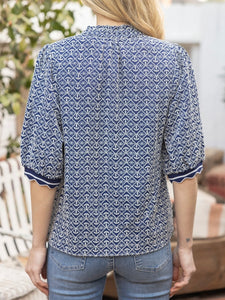 Eyelet Top with Scalloped Sleeve Band - Navy
