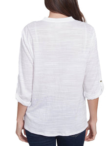 Knit Top with Embroidered Yoke - White