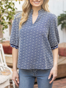 Eyelet Top with Scalloped Sleeve Band - Navy
