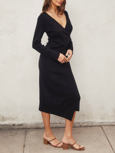 Surplice Sweater Midi Dress - Black