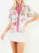 Load image into Gallery viewer, Womens floral satin blouse pink off white with striped band collar puff sleeves paired with mini skirt - 1
