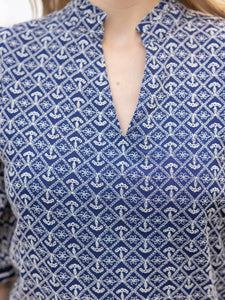 Eyelet Top with Scalloped Sleeve Band - Navy