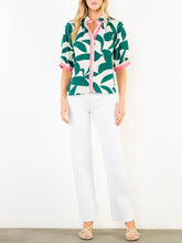 Load image into Gallery viewer, Silky Geo Top in green and white tropical leaf print with pink contrast trim, button-front, 3/4 sleeves - 3
