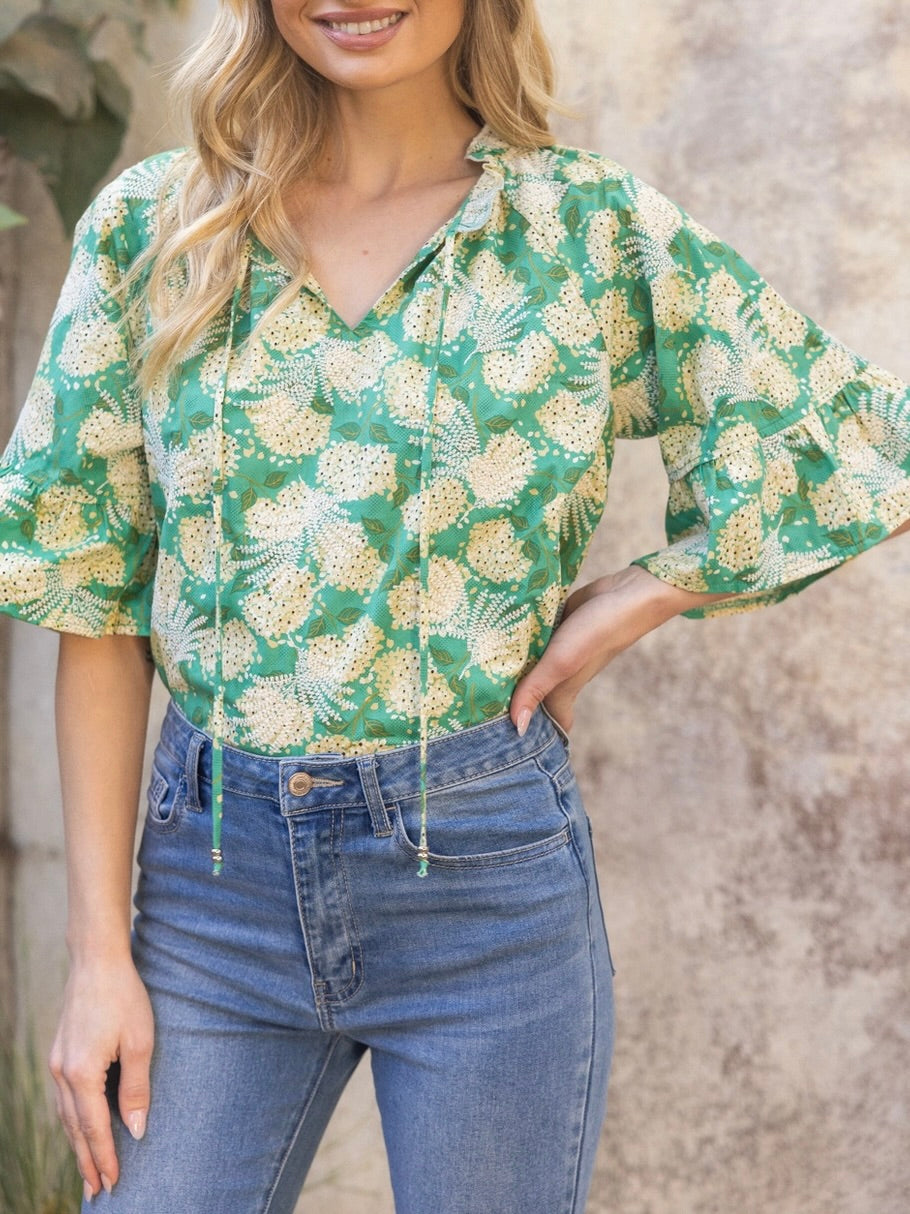 Embroidered Cotton Floral Top - Green