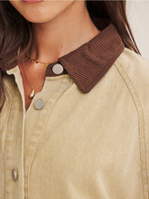 Load image into Gallery viewer, Womens beige twill field jacket with brown corduroy collar, snap buttons, and front pockets styled with plaid skirt - 2
