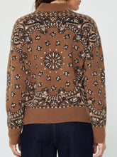 Load image into Gallery viewer, Caramel bandana jacquard knit half-zip pullover sweater with paisley pattern and gold zipper detail - 4
