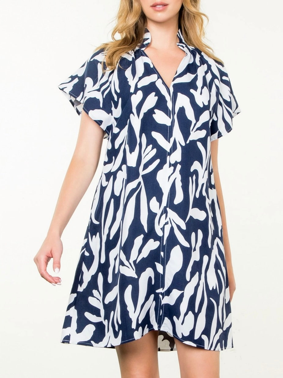 Ruffle Neck Dress - Navy/White