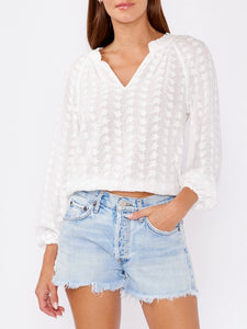 Long Sleeve Eyelet Cinch Top - White