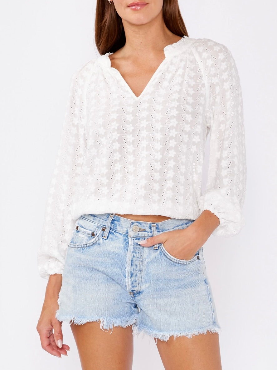 Long Sleeve Eyelet Cinch Top - White