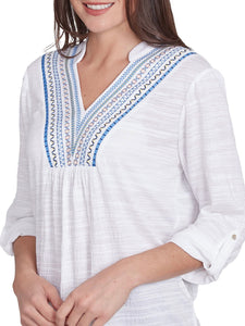 Knit Top with Embroidered Yoke - White