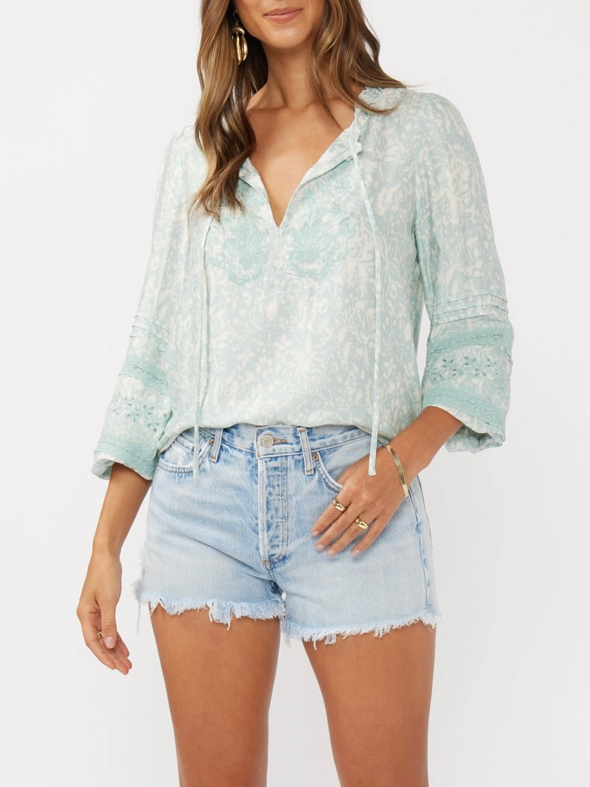 Embroidered Lace Trim Top - Aqua