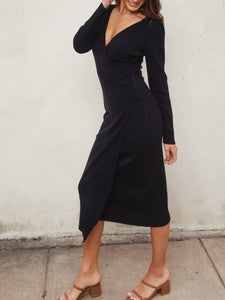 Surplice Sweater Midi Dress - Black