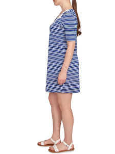 Striped Embroidered Neckline Dress - Blue Multi