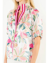 Load image into Gallery viewer, Womens floral satin blouse pink off white with striped band collar puff sleeves paired with mini skirt - 4
