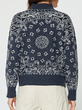 Load image into Gallery viewer, Navy blue bandana print knit half zip pullover sweater with paisley pattern on woman model - 4
