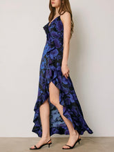 Load image into Gallery viewer, Daphne high-low maxi dress in blue and black floral print with ruffle detail and spaghetti straps - 3
