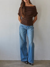 Load image into Gallery viewer, Brown off-shoulder pleated short sleeve top paired with blue jeans, women's boutique fashion - 2
