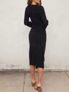 Surplice Sweater Midi Dress - Black